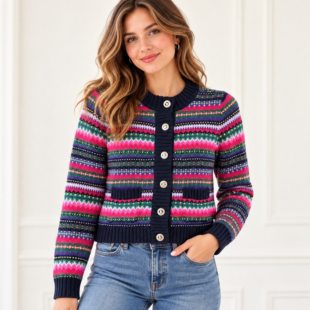 Talbots Womens Medium Fair Isle Cardigan Navy Pink Purple Silver Crest Buttons